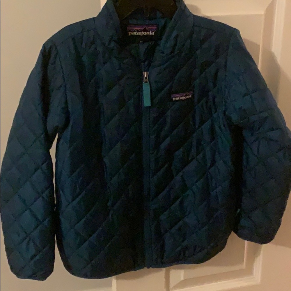 Teal colored Patagonia jacket, quilted.